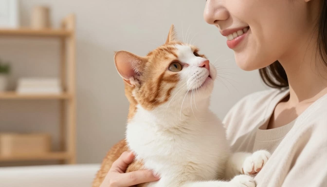 Close-up of a cute orange and white kitten affectionately licking the cheek of a smiling person holding it gently in a modern minimalist Scandinavian interior with bright natural daylight.