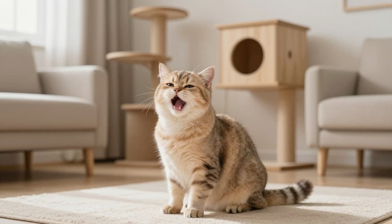 A playful domestic cat mid-sneeze on a soft rug in a bright, minimalist Scandinavian living room with light wood furniture, beige tones, and natural light.