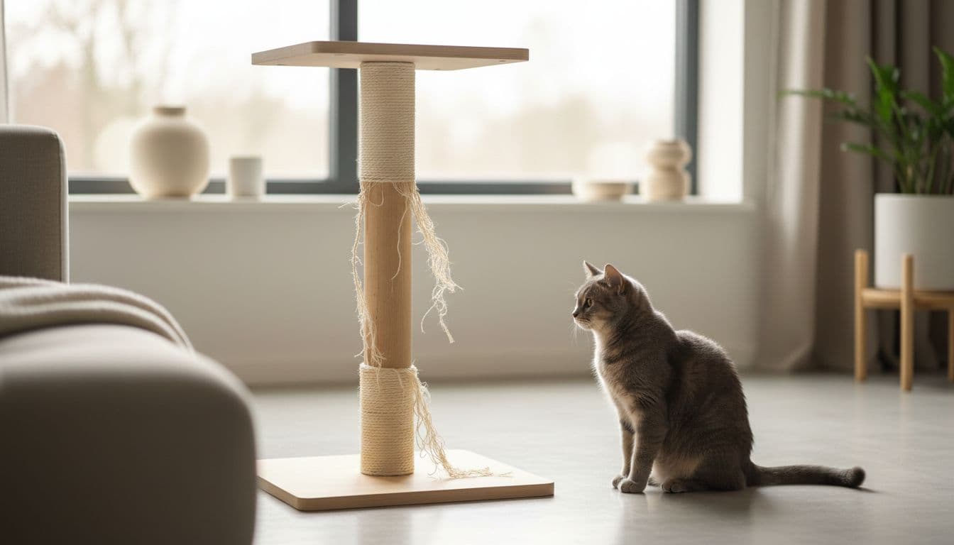 High-end cat tree with frayed sisal rope on the main post, revealing wood underneath, in a bright modern Scandinavian living room with a curious gray cat observing from the floor.