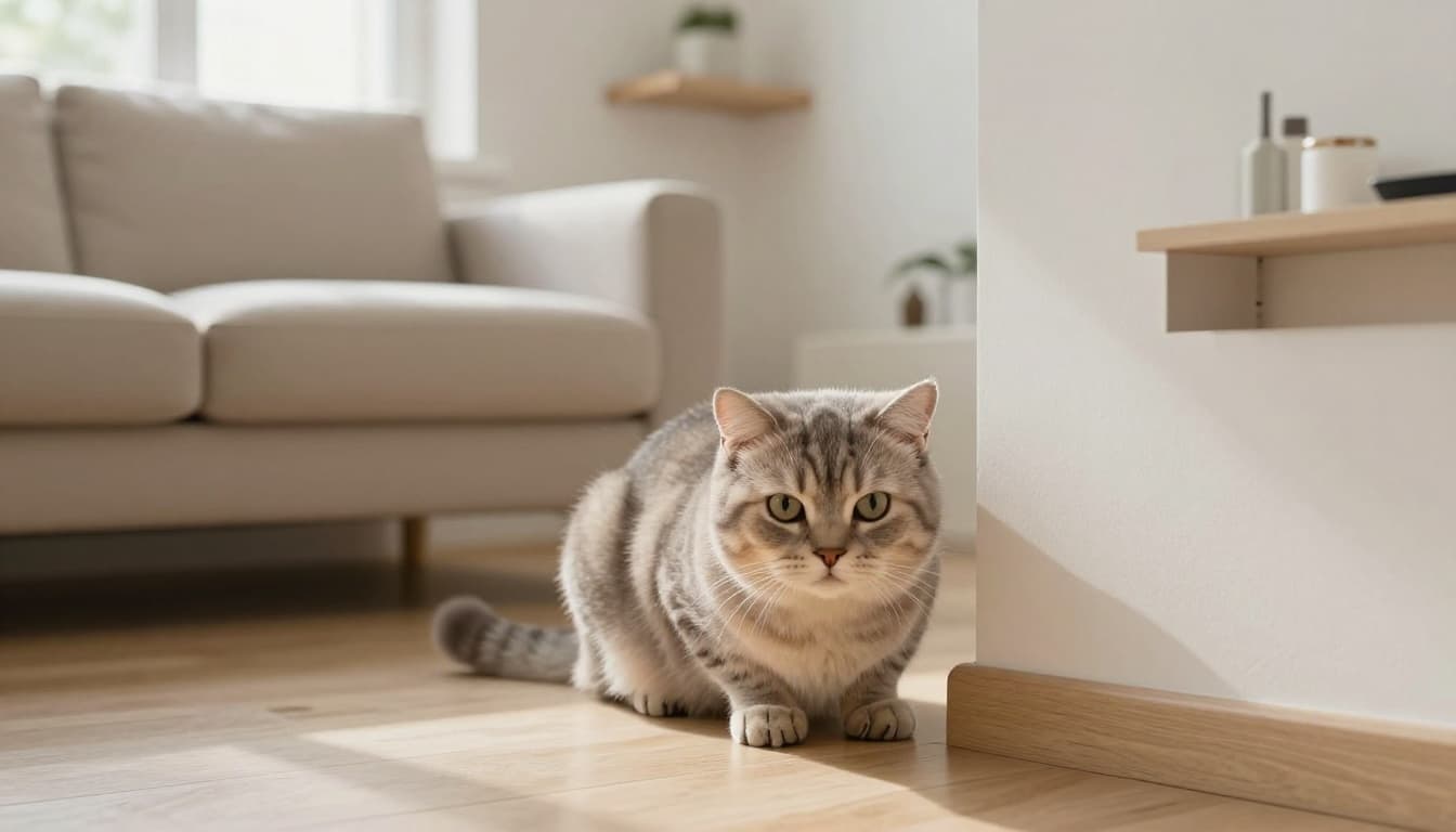 A cautious fluffy domestic cat with ears flattened back, dilated pupils, and arched back crouched defensively near a corner in a bright modern Scandinavian living room with minimalist decor.