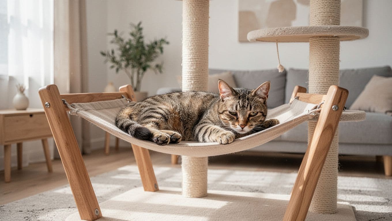 A single adult cat lies prostrate and dehydrated with sunken eyes and lethargic expression on the hammock of a premium solid wood Meowood cat tree in a bright minimalist Scandinavian living room. Premium lifestyle photography in cozy neutral tones captures natural light and subtle signs of high fever.