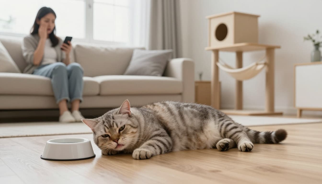 A lethargic and dehydrated domestic cat with sunken eyes and dry gums lies weakly on a light wood floor near an empty water bowl, while its worried owner holds a phone calling the vet in a bright minimalist Scandinavian living room.