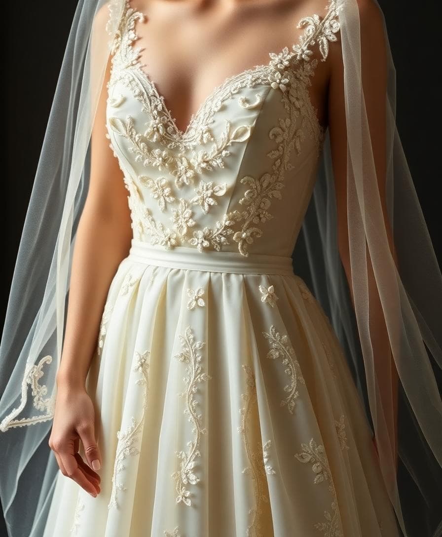 Robe délicate en soie avec perles et sequins, ambiance pressing professionnel