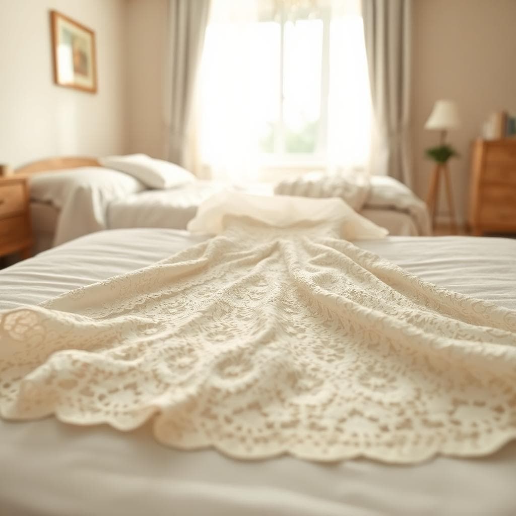 Robe de mariée en dentelle protégée par une housse respirante, lumière douce sur un espace de rangement serein