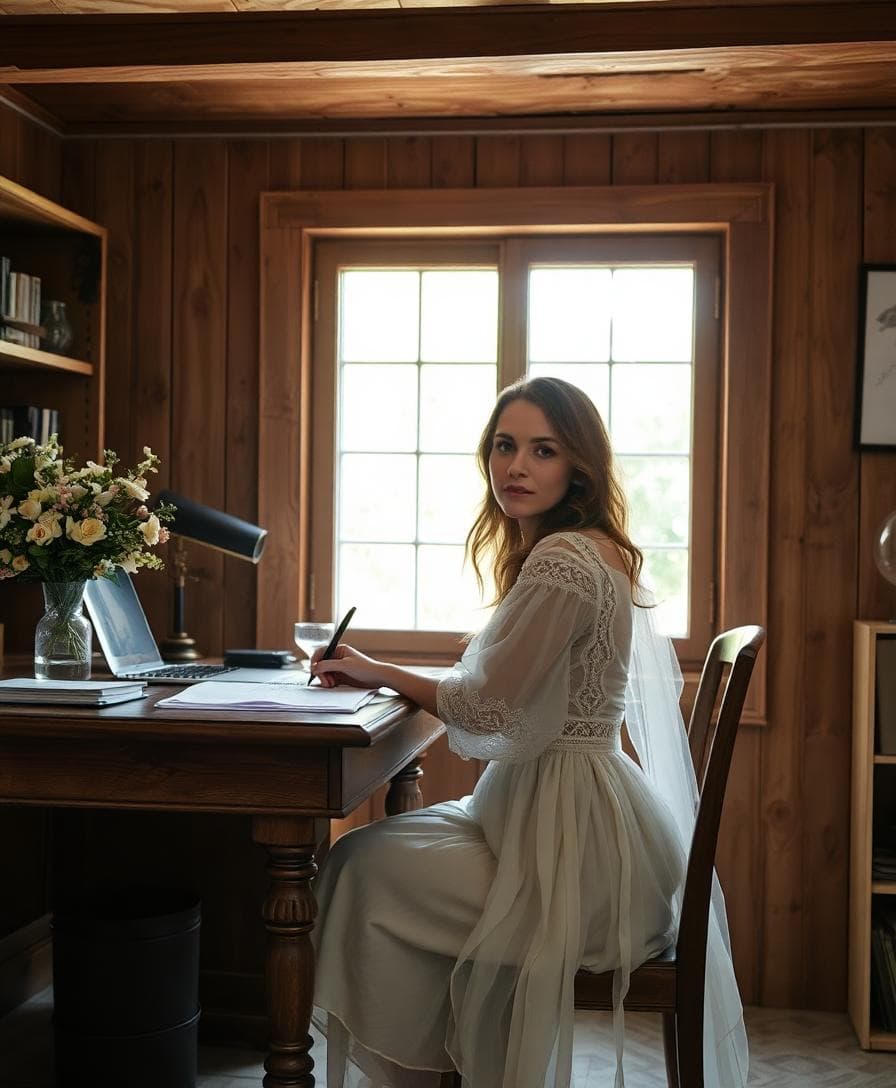 Mariée bohème déterminée préparant des documents officiels sur un bureau en bois, lumière naturelle, ambiance sereine et confiante