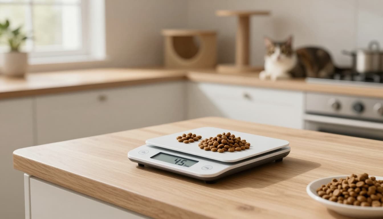 A precise digital kitchen scale on a light wooden counter in a bright Scandinavian minimalist kitchen displays exactly 45 grams of high-quality dry cat kibble portioned for 3kg and 4kg cats, with a relaxed cat watching from a cat tree in the background.