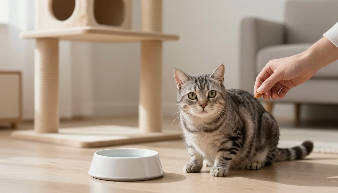 An older senior tabby cat with a grey muzzle looks disoriented in a cozy Scandinavian living room near its water bowl, as a hand offers a treat; elegant Meowood cat tree in the background with premium lifestyle photography.