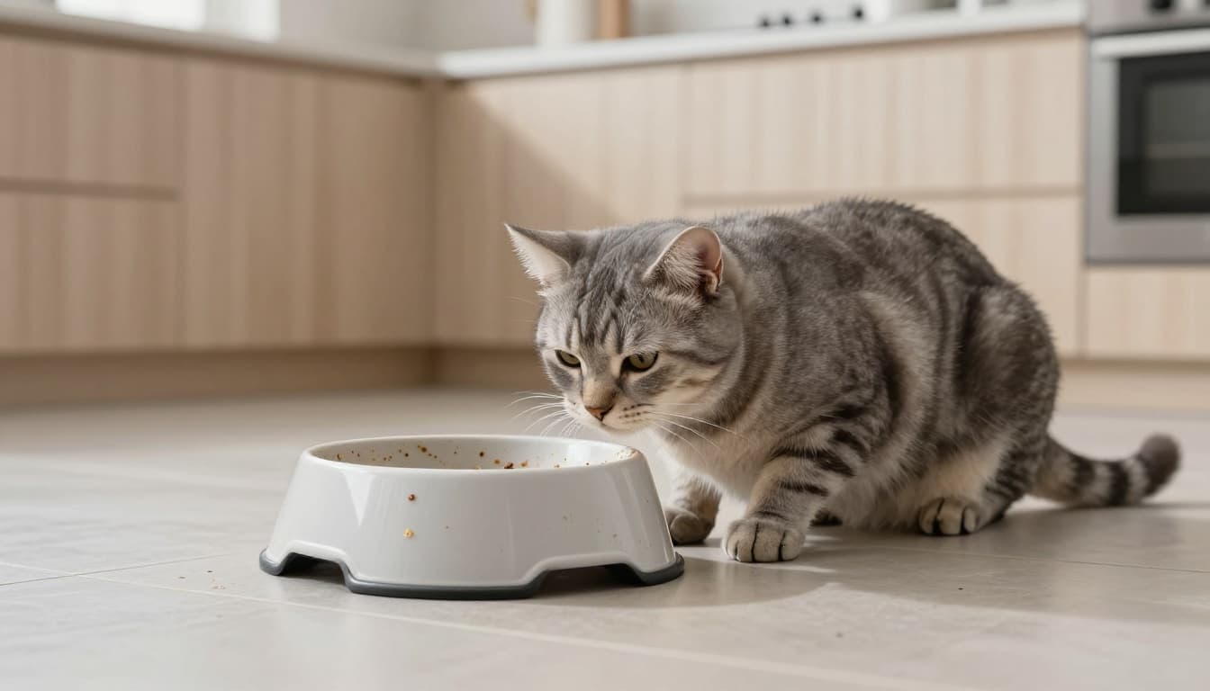 A domestic cat with grey tabby fur looks uncomfortable near a dirty plastic food bowl on the floor in a bright Scandinavian kitchen. The cat scratches the tiled floor with its paw, displeased by the bowl's smell and residue.