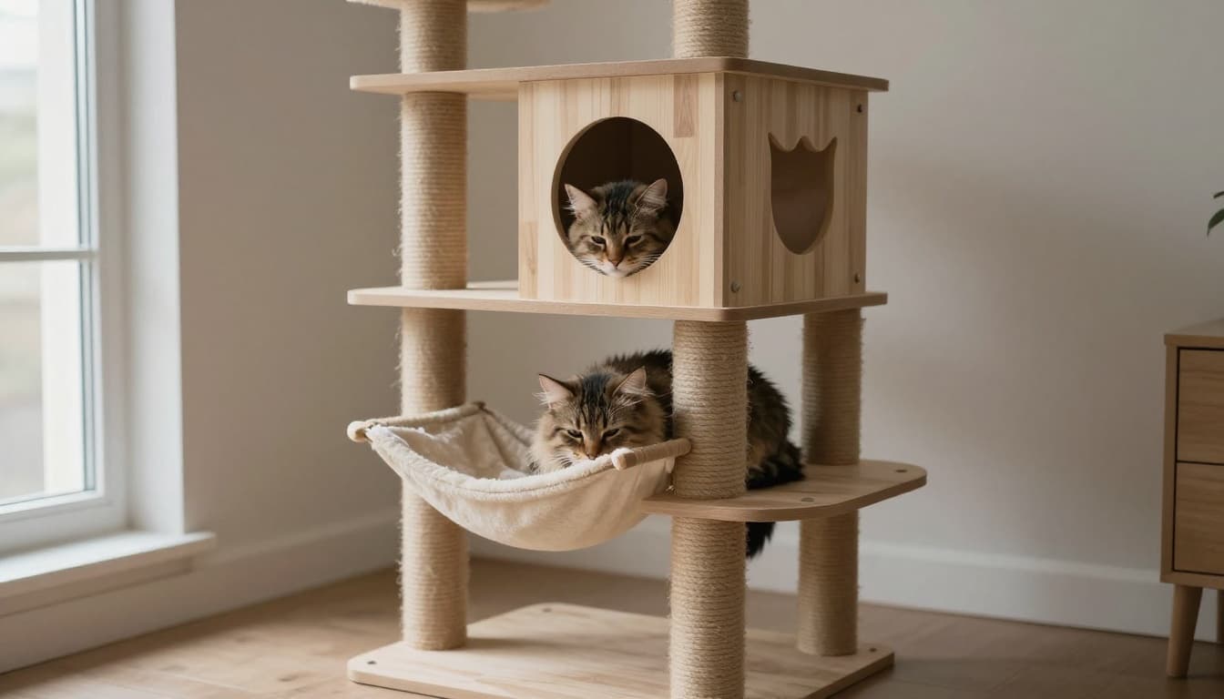 An adult cat showing signs of distress hides in a tight space on a multi-level premium wooden cat tree in a serene Scandinavian interior with soft natural light and minimalist decor.