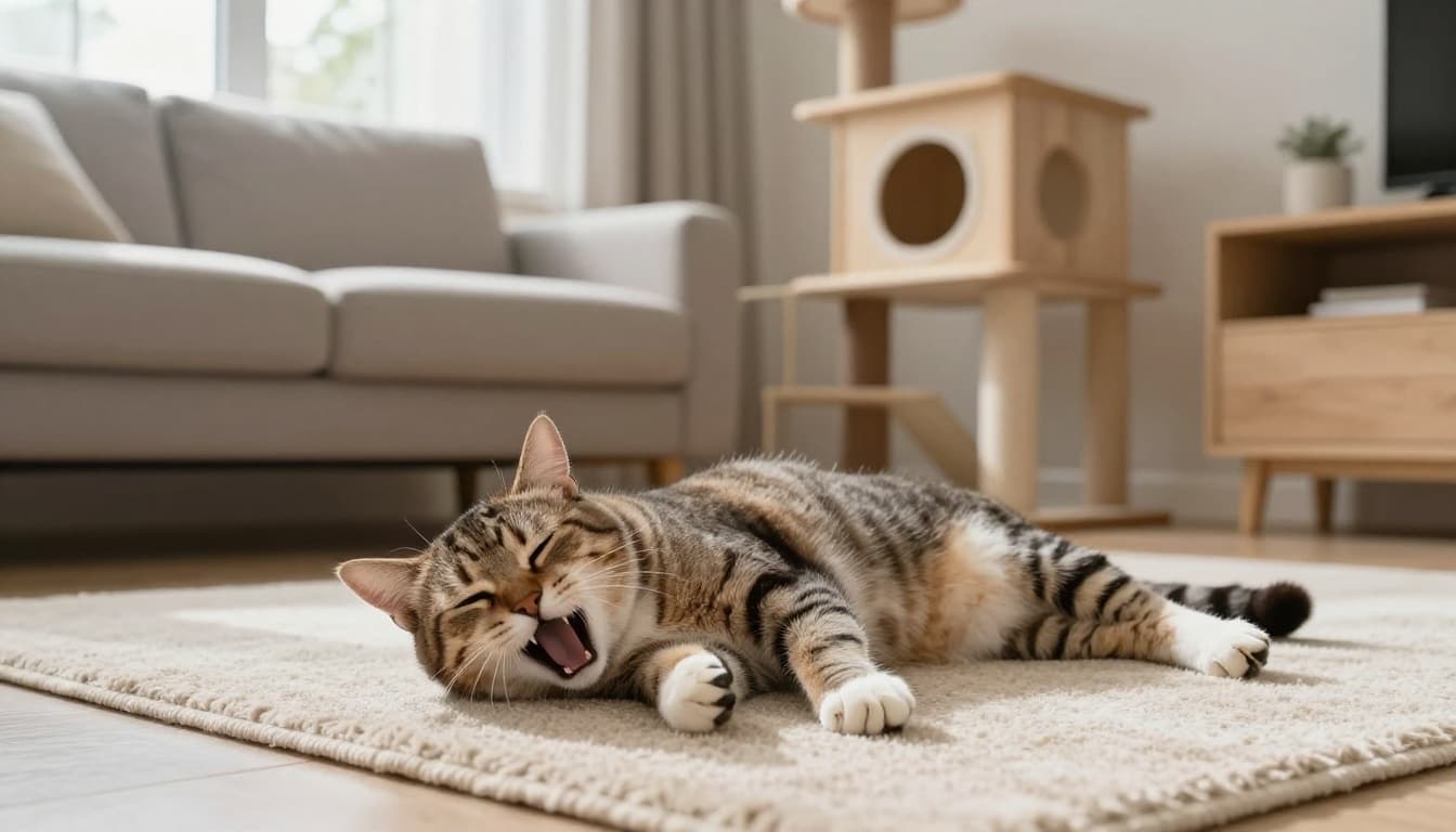 A distressed domestic cat lies prostrate on a soft beige rug, mouth open breathing heavily with half-closed eyes in exhaustion, in a bright modern Scandinavian living room.