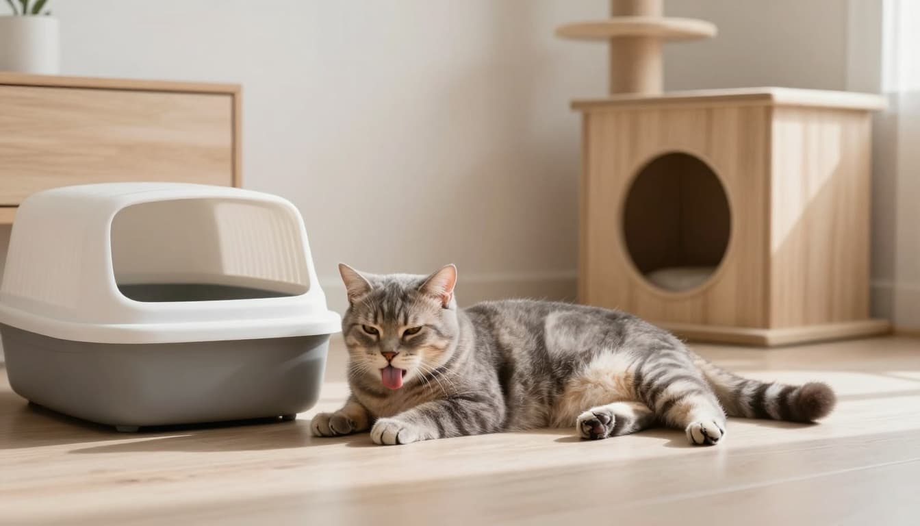 An elegant gray tabby cat lies uncomfortably on the floor near an empty litter box, licking its genital area excessively with a tense swollen abdomen, showing signs of distress in a modern Scandinavian living room with soft natural light and minimalist decor.