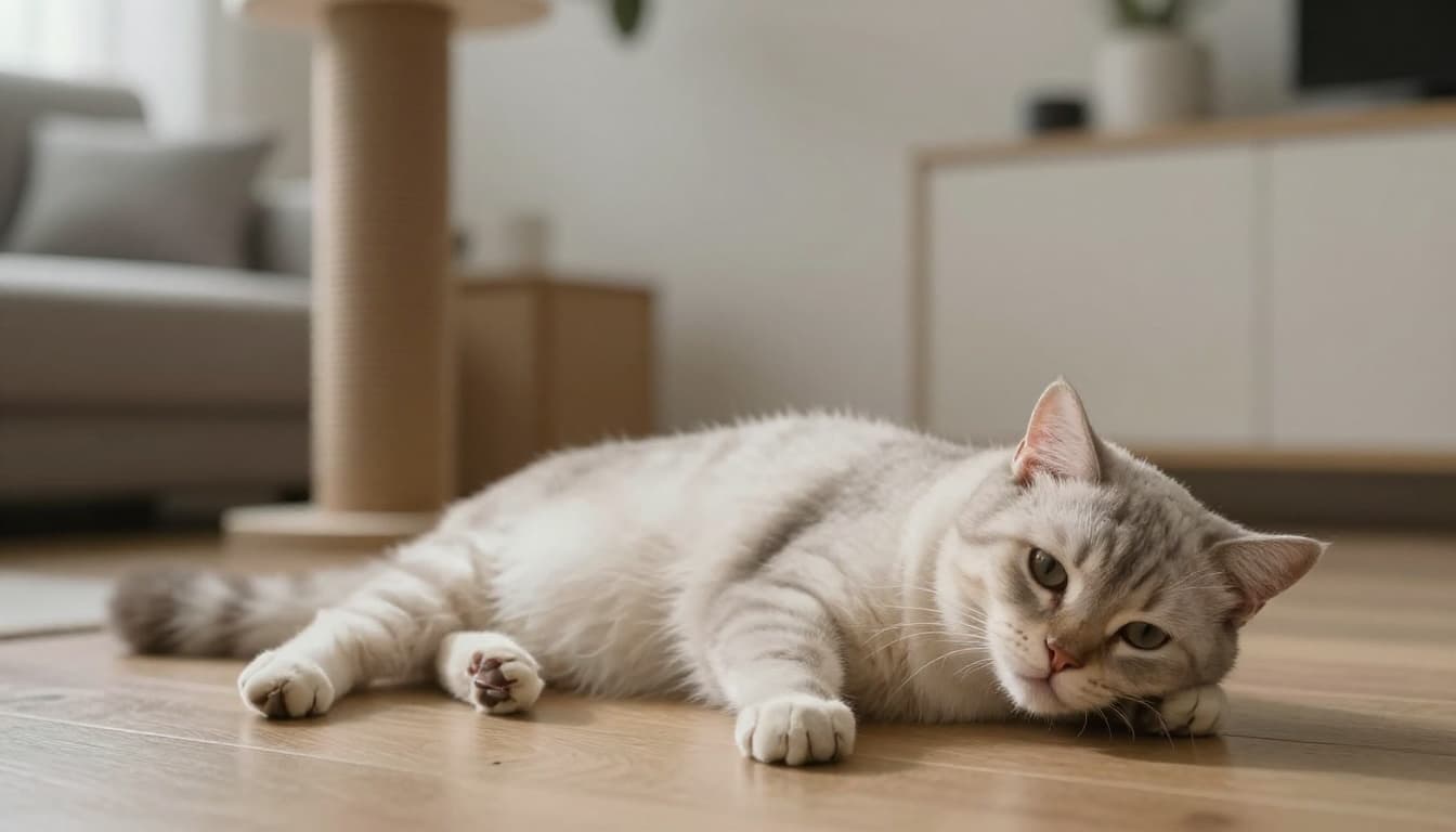 Adult cat in severe distress with full-body tremors, visible salivation, and pale gums, lying rigidly near a cat tree in a bright minimalist Scandinavian living room with neutral tones and soft natural light.