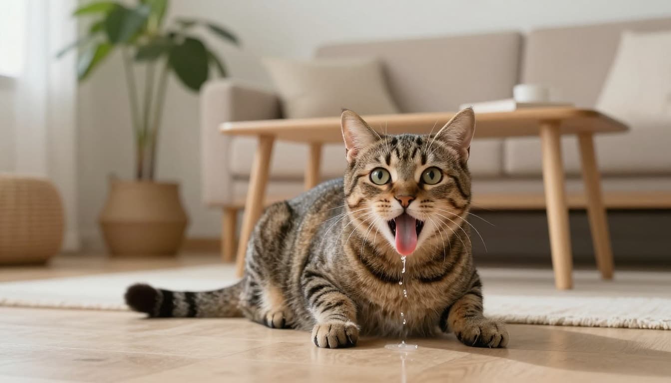 A tabby cat suddenly distressed on the floor near a houseplant in a bright minimalist Scandinavian living room, with excessive drool, wide eyes, shaky posture, and tongue out.