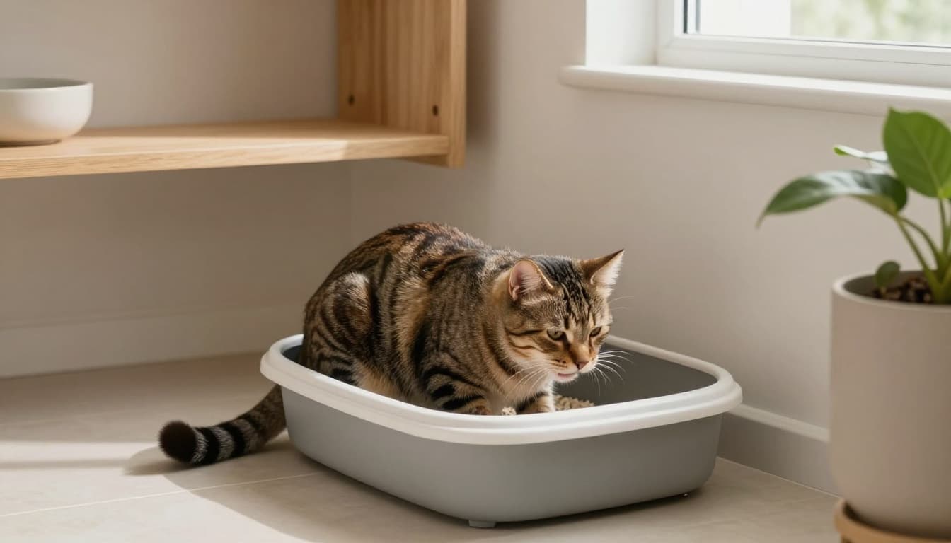 A tabby cat in a strained posture near a clean modern litter box, looking distressed as if having trouble urinating, in a bright Scandinavian-style bathroom with light wood shelves and neutral tiles.
