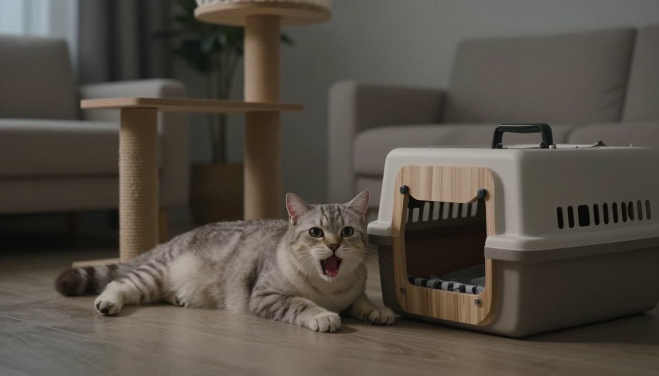 An elegant domestic cat in distress, trembling with slight salivation, lies unsteady on the floor near a wooden cat tree and transport box in a modern Scandinavian living room with dim lights and minimalist decor.