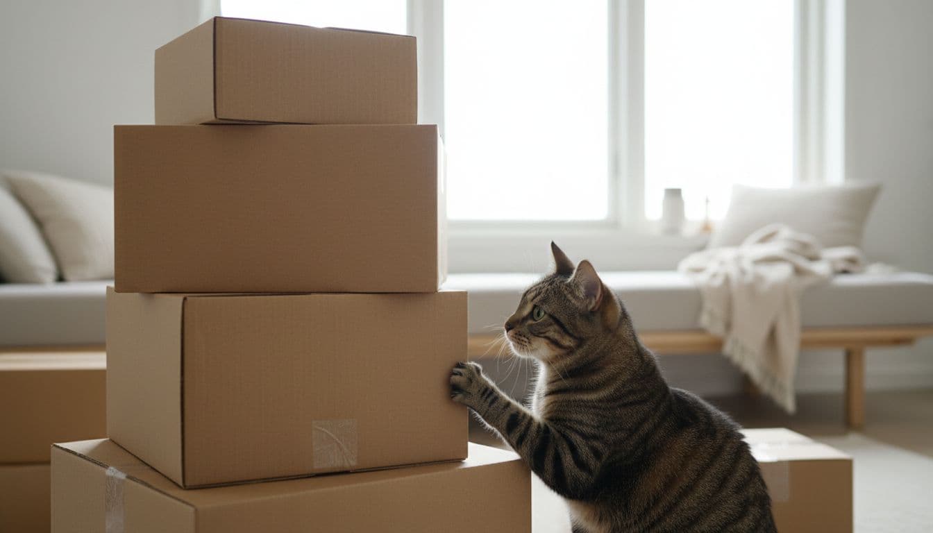A stack of sturdy double-fluted cardboard boxes forms the base of a DIY cat tree in a minimalist Scandinavian interior with natural light and cozy beige tones. A curious cat closely observes the structure in this calm, elegant premium lifestyle photo.