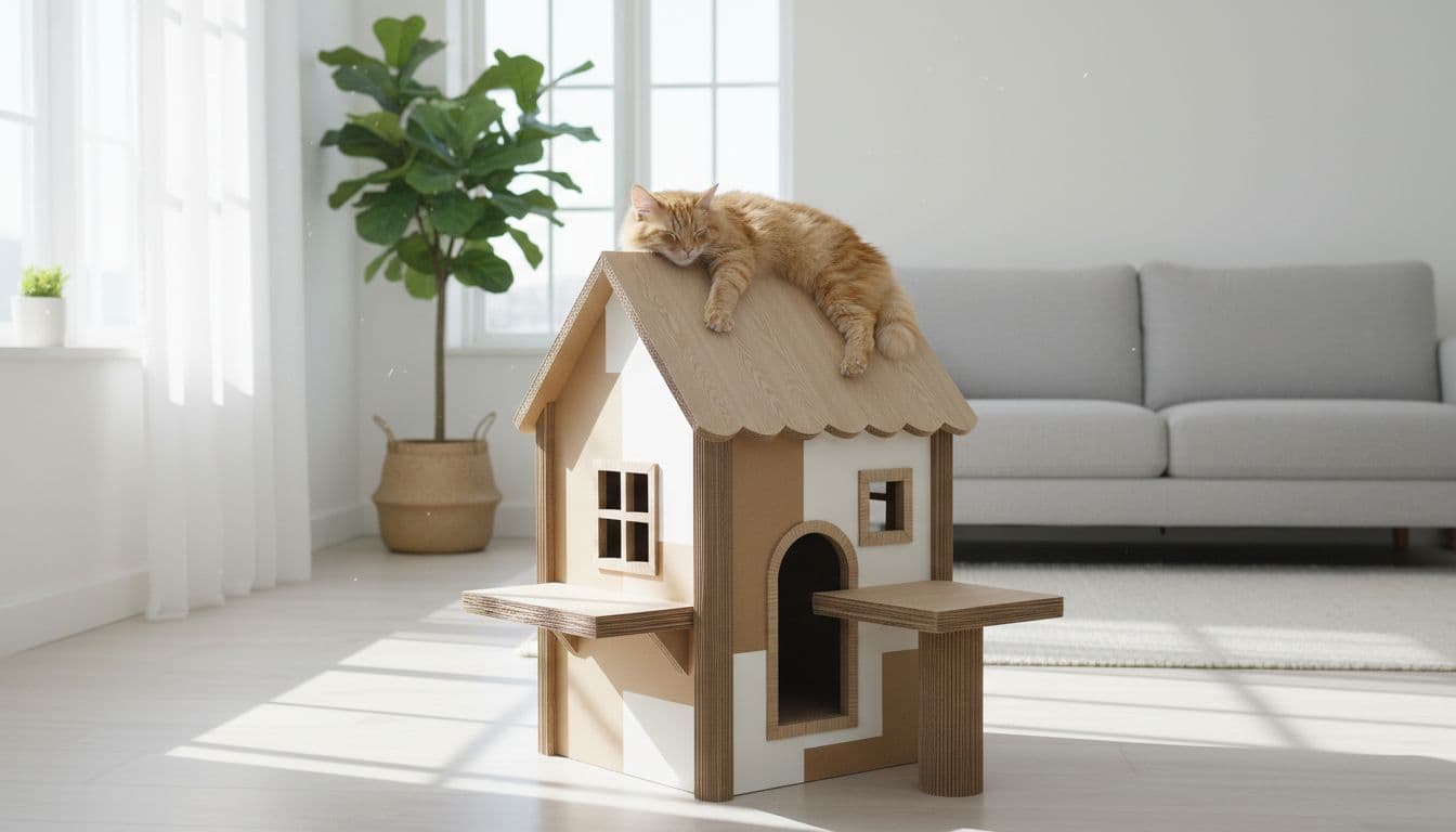 Elegant DIY cardboard cat tree decorated minimally like a cozy cabin in a light-filled Scandinavian living room with neutral accents and raw scratching areas. A relaxed cat lounges on top in premium lifestyle style.