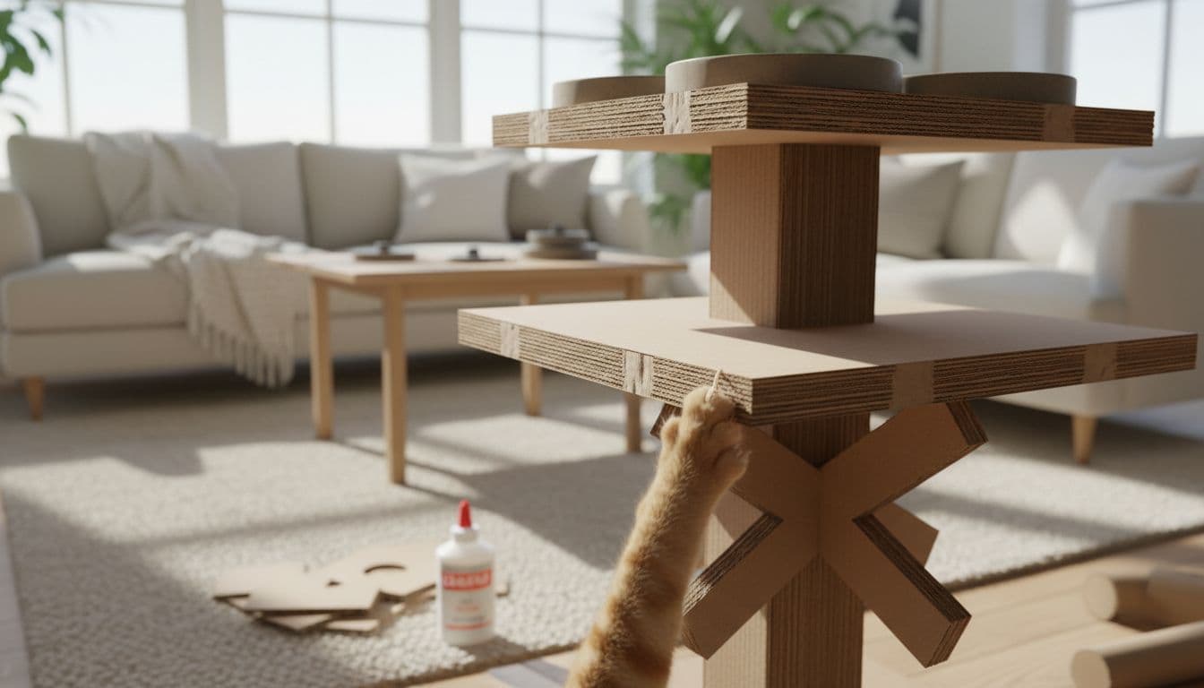 Premium lifestyle photo of a modern Scandinavian living room featuring a close-up of a DIY cardboard cat tree with reinforced double and triple layered platforms, drying weights, and a curious cat paw gently touching the edge.