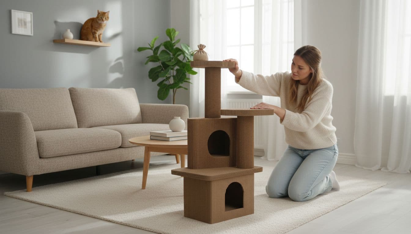 In a bright Scandinavian living room with minimalist decor, a person tests a DIY cardboard cat tree's stability by pushing, pressing platforms, and simulating jumps with weights, while the cat watches safely from afar.