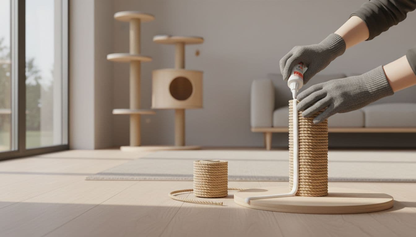 Gloved hands apply wood glue to a wooden scratching post base in a luminous minimalist Scandinavian living room, with sisal rope ready for wrapping and a modern cat tree in the background.