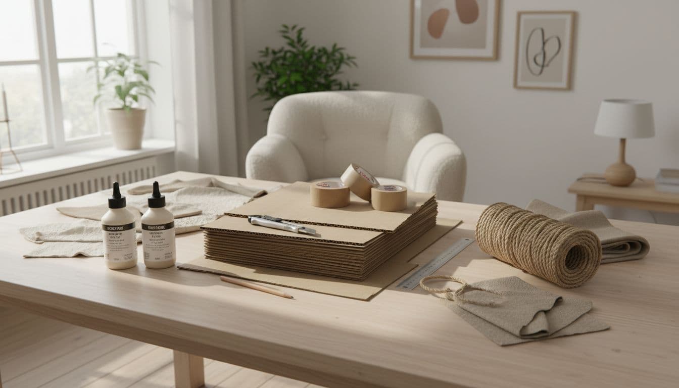 A flat lay of DIY cat tree materials including cardboard sheets, tape, glue, tools, sisal rope, and fabric scraps on a light wooden table in a bright Scandinavian living room.