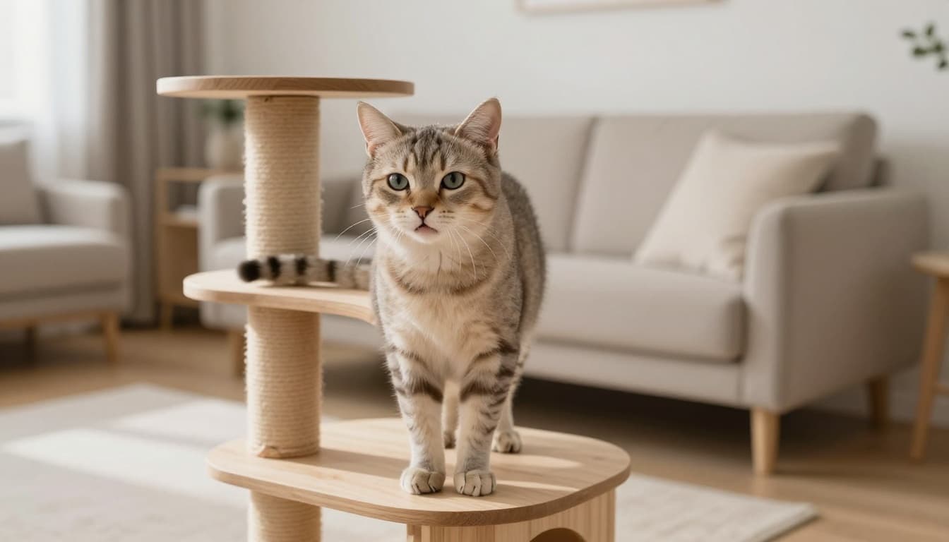 A domestic cat displaying mild coryza symptoms like runny eyes and nose, perched on an elegant wooden cat tree in a bright, minimalist Scandinavian living room with beige tones and natural light.
