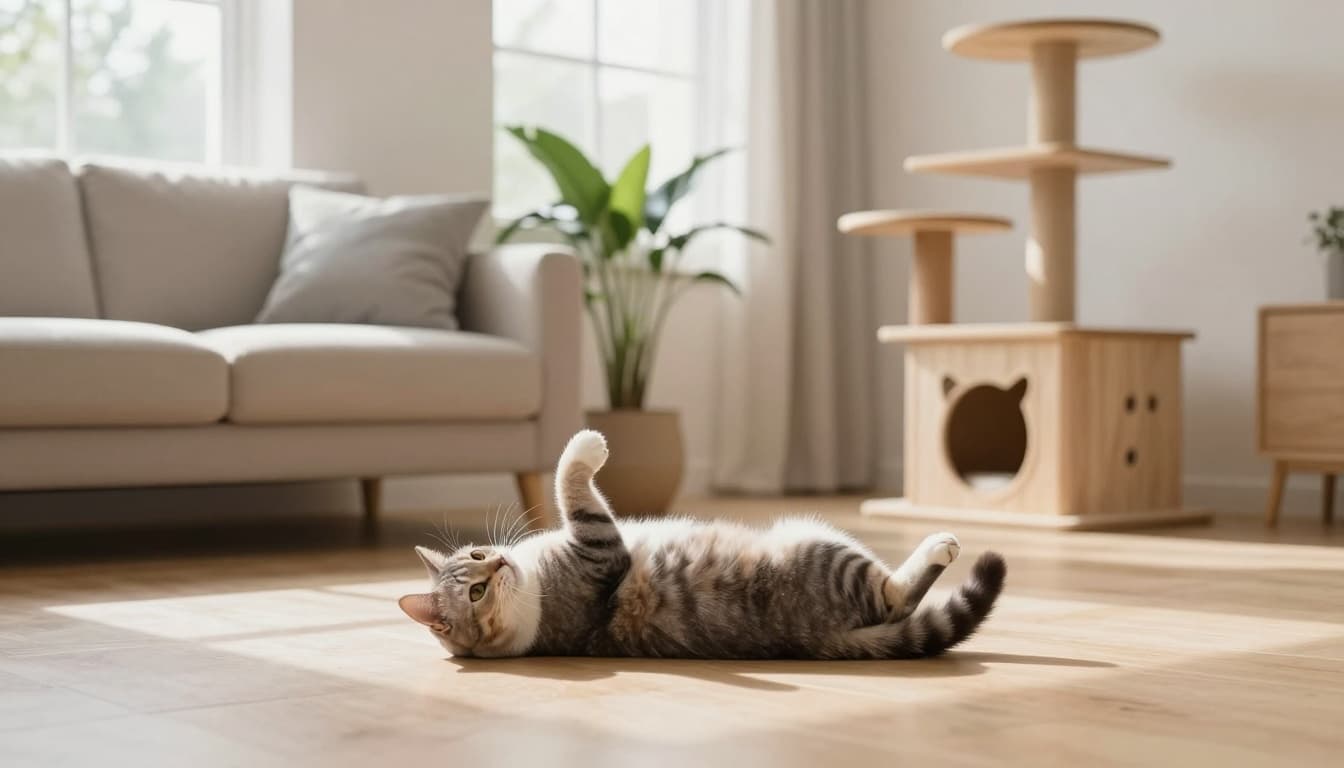 A female domestic shorthair cat displays heat behavior by rolling on her back with paws up on a light wooden floor in a bright, minimalist Scandinavian living room with natural light, beige sofa, plants, and a premium cat tree.