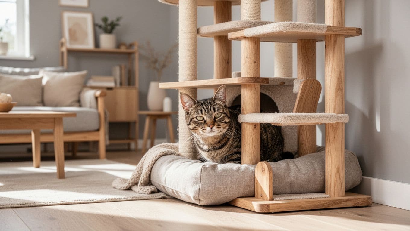 A domestic shorthair cat peeks warily but calmly from a soft cushion in a cozy corner near a premium solid wood cat tree in a bright modern Scandinavian living room with light wood furniture, beige tones, and natural daylight.