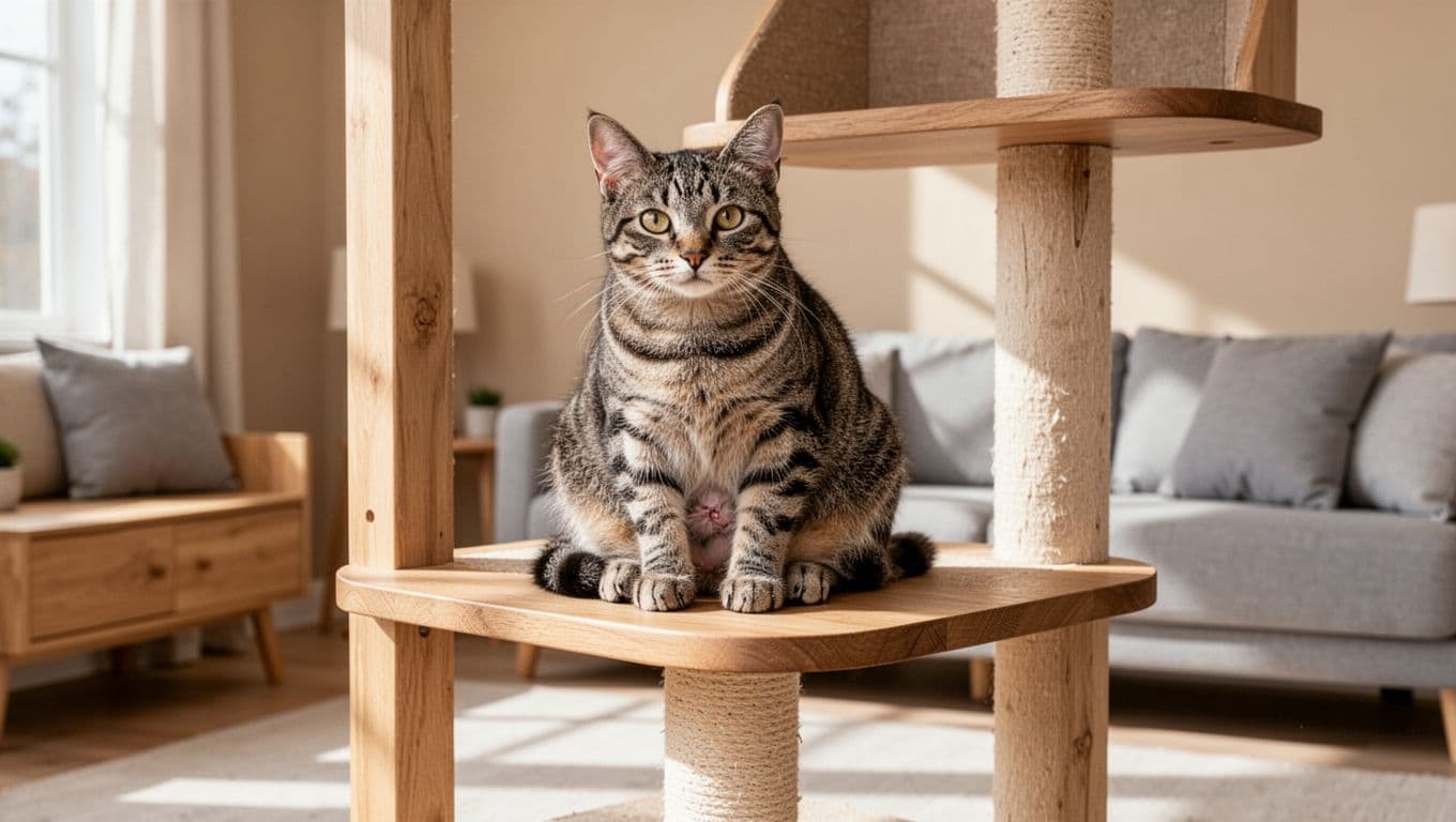 A domestic shorthair cat sits alert yet resting calmly on a wooden cat tree in a bright modern Scandinavian living room, displaying subtle healed belly from recent surgery and a grooming pose amid natural daylight and cozy decor.
