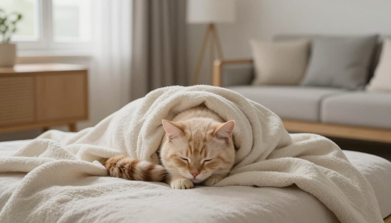 An adult cat sleeps curled up on a soft beige blanket in a bright minimalist Scandinavian living room, showing subtle paw twitches and whisker movements as if dreaming. Warm natural light from a window enhances the cozy, elegant atmosphere with neutral tones of beige, light wood, and soft gray.