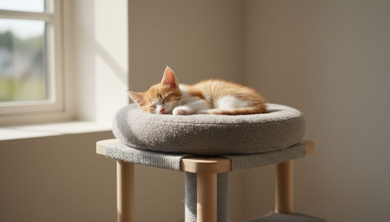A young kitten in REM sleep on a soft cushion of a stylish cat tree in a bright minimalist Scandinavian room with warm light, beige tones, and cozy vibe.
