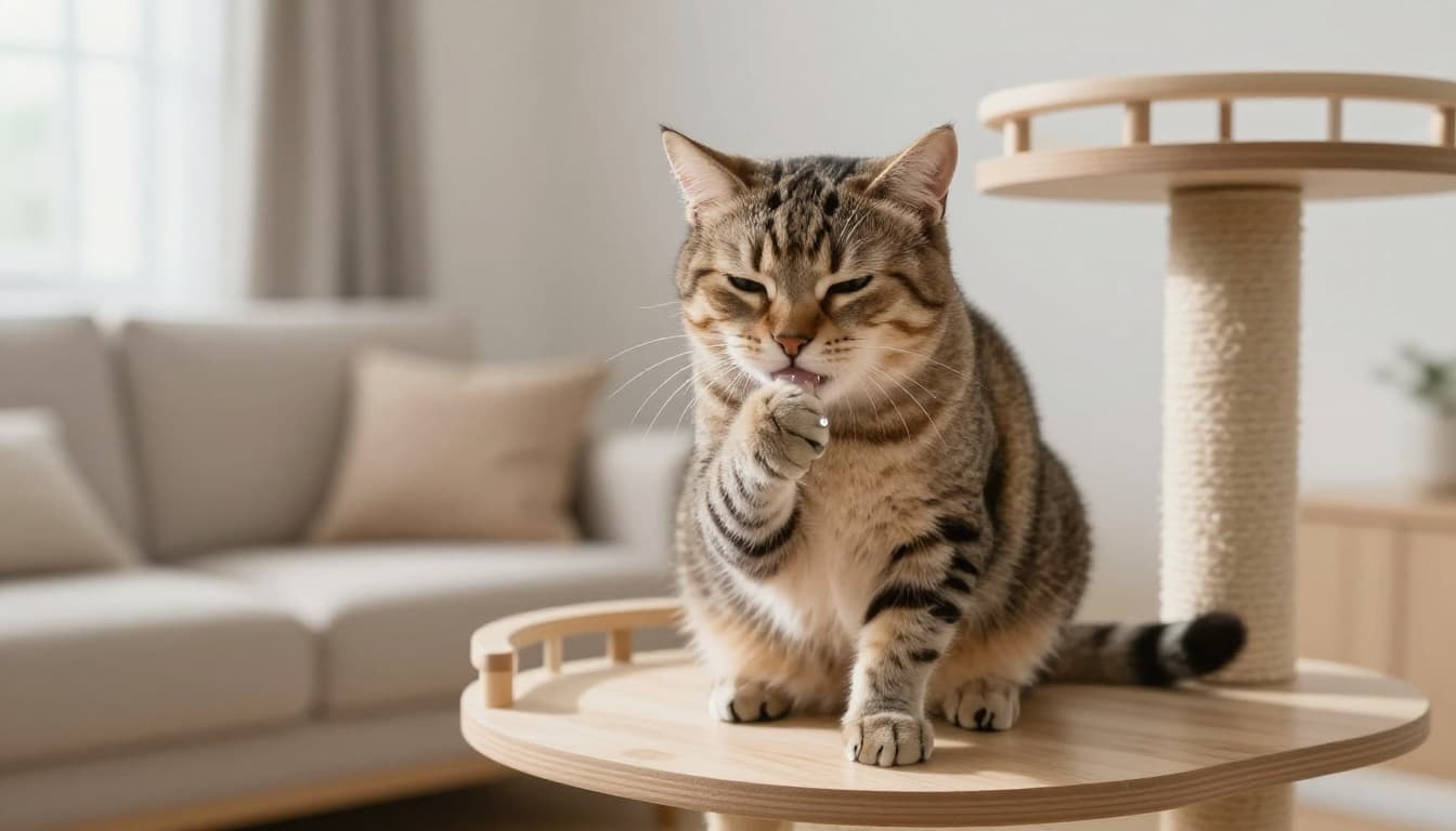 A domestic shorthair cat sits on a light wood cat tree in a modern Scandinavian living room, paw touching mouth with a visible saliva droplet, showing mild discomfort in a cozy atmosphere.