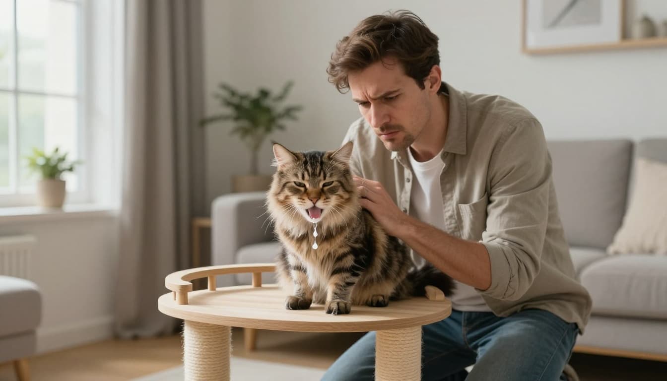 A concerned French cat owner in casual clothes kneels next to a fluffy tabby cat exhibiting excessive drooling and lethargy on a premium cat tree in a bright modern Scandinavian living room.