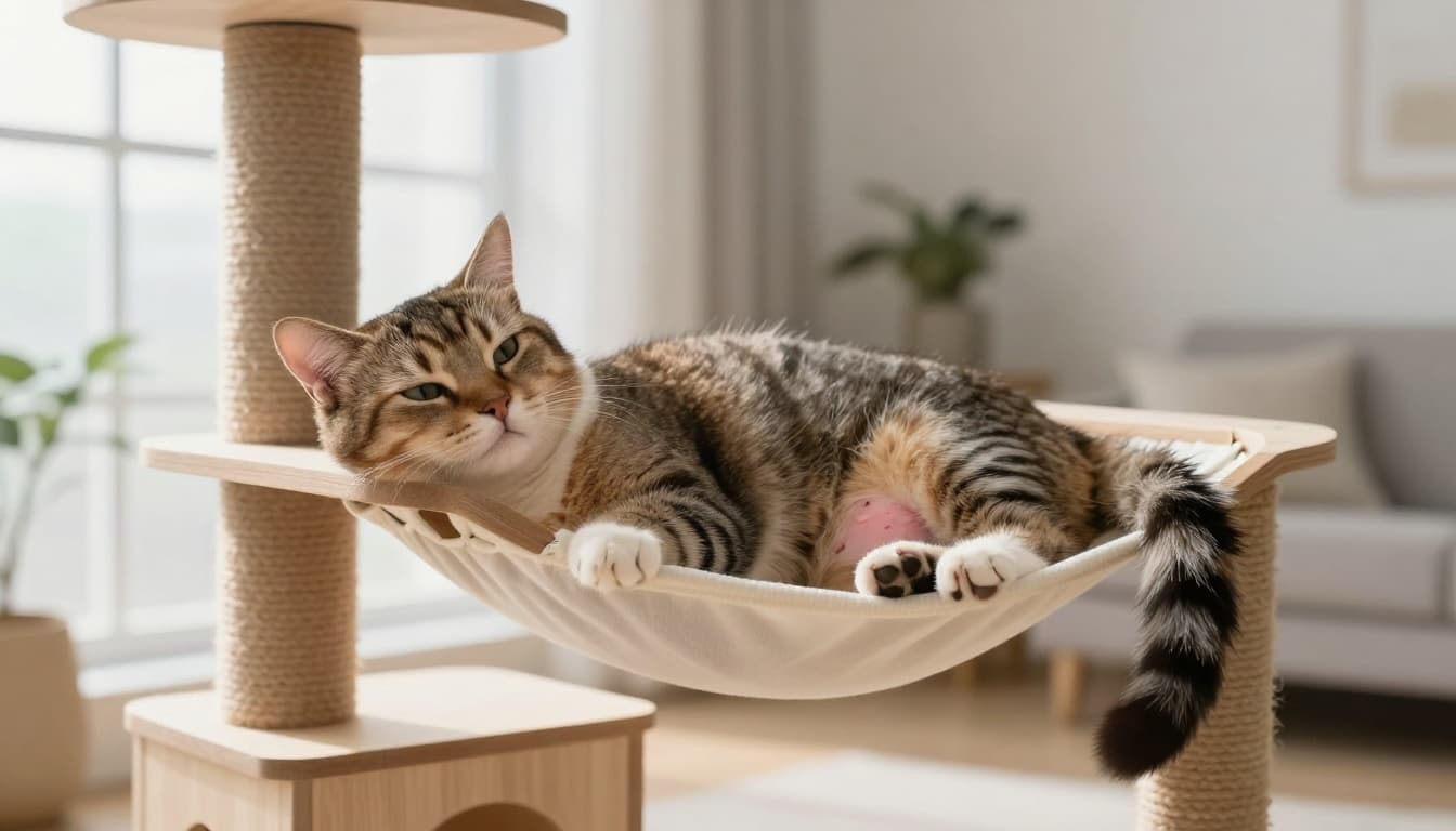 A relaxed female cat at week 4 of pregnancy shows subtle signs like a rounded belly and swollen nipples in side profile, resting on a light wood cat tree hammock in a minimalist Scandinavian living room with natural light.