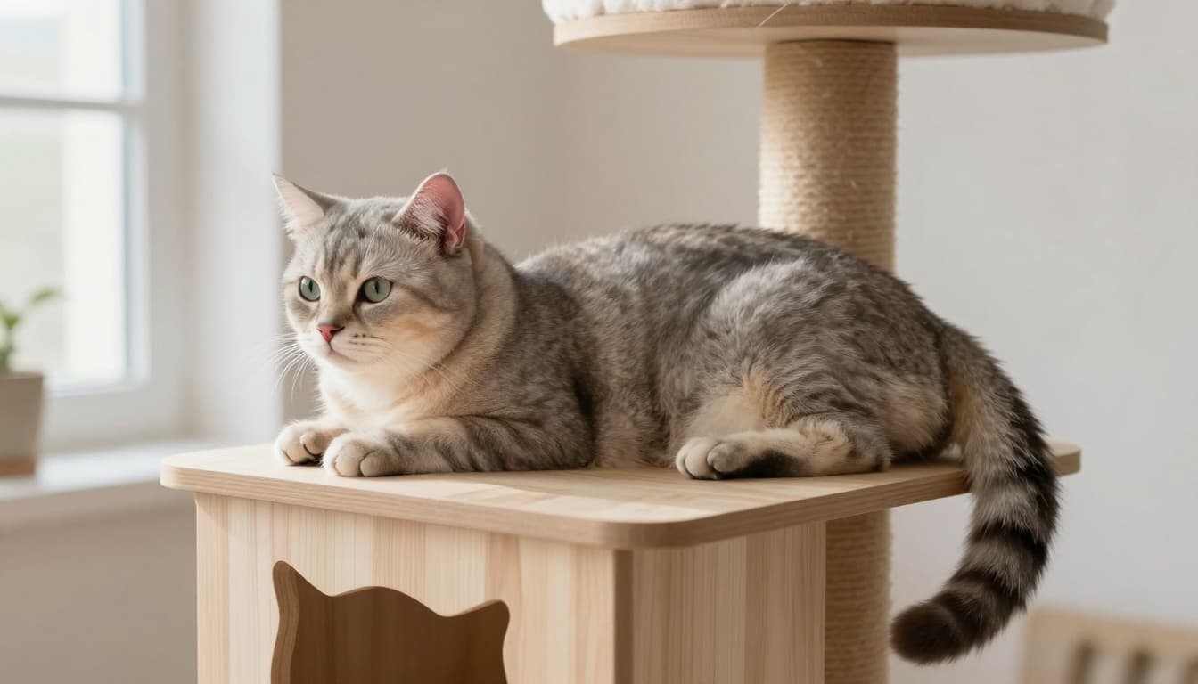 A female cat in weeks 3-5 of pregnancy displays subtle signs like a slightly rounded belly and pinker nipples in side profile, resting relaxed on a light wood cat tree platform in a bright minimalist Scandinavian interior with natural light and neutral tones.