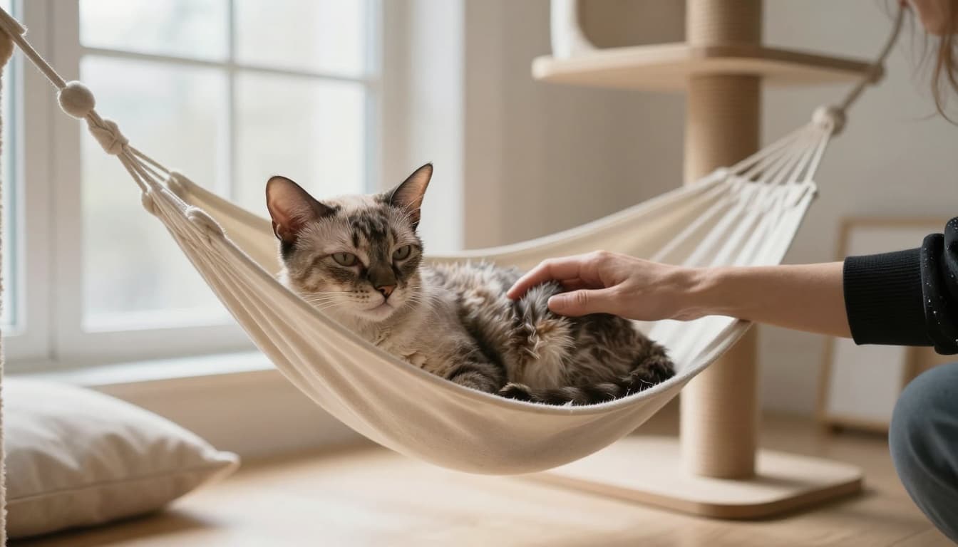 A frail elderly cat rests peacefully in a soft hammock on a wooden cat tree in a bright Scandinavian living room, gently petted by its owner, evoking compassionate end-of-life care.