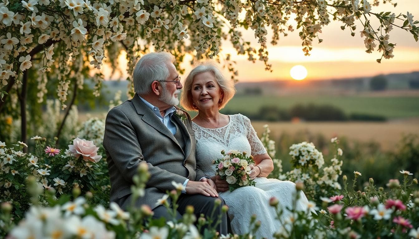 Couple âgé dans un jardin bohème avec un diamant symbolique au premier plan