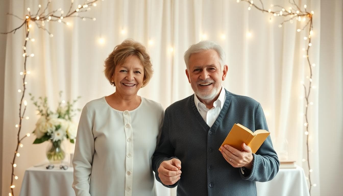 Couple âgé célébrant 60 ans de mariage dans une ambiance bohème, décor blanc et argent, guirlandes lumineuses et livre d’or