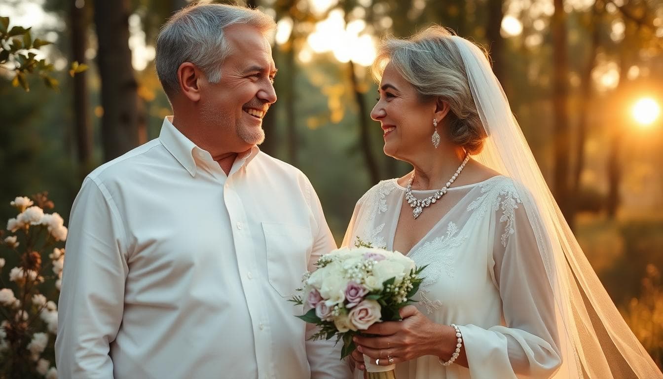 Couple célébrant leurs noces de diamant dans un décor bohème, lumière douce et détails scintillants