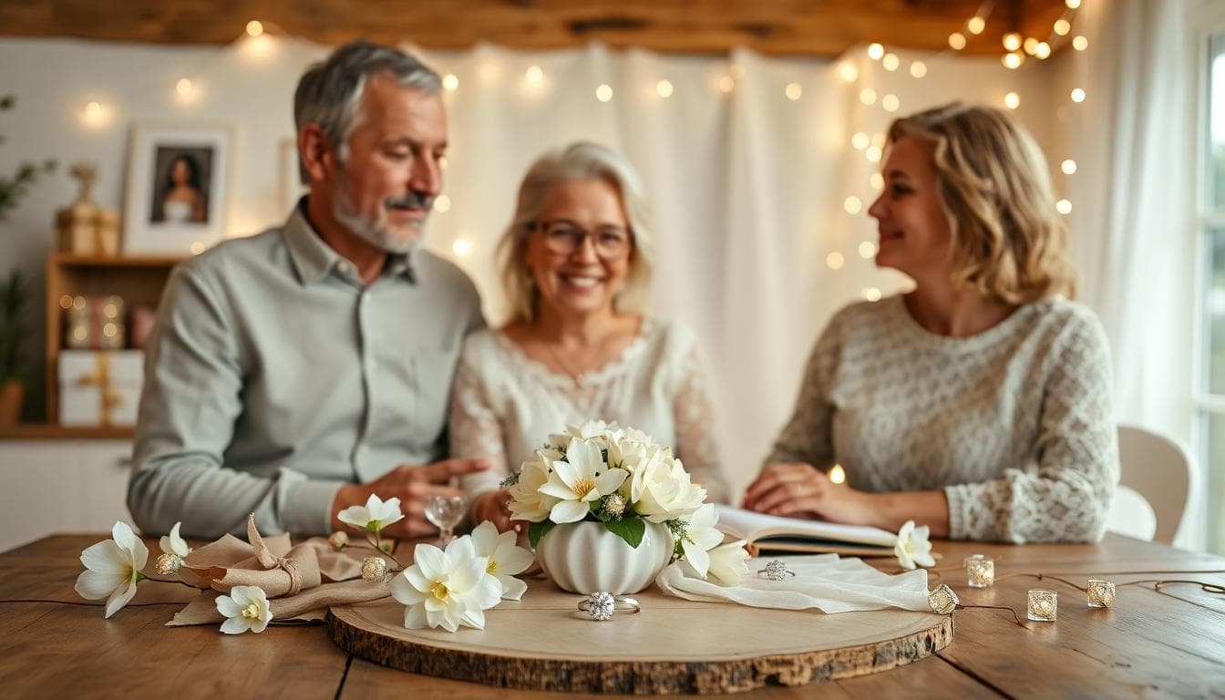Couple âgé célébrant leurs noces de diamant, table en bois avec bijoux, fleurs blanches et album photo dans une ambiance bohème chic