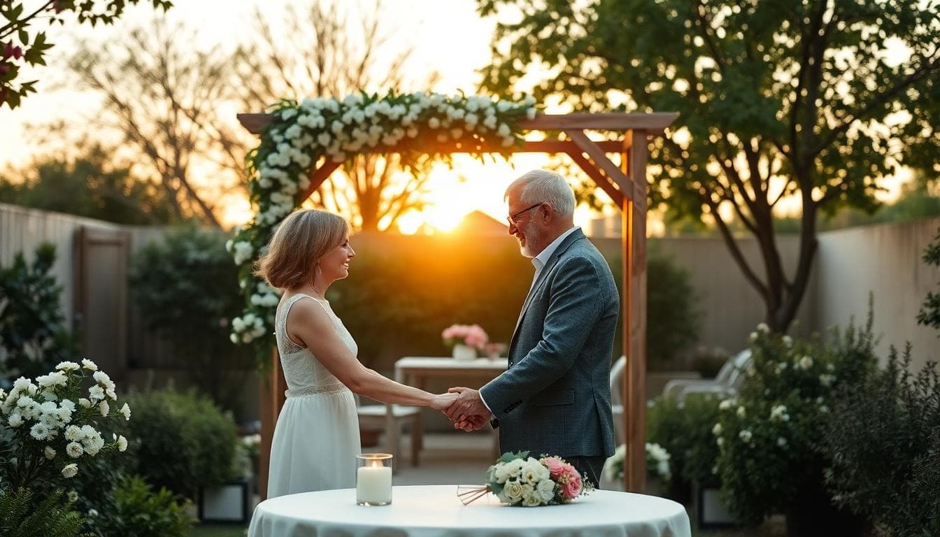 Couple âgé renouvelant leurs vœux dans un jardin bohème, fleurs blanches et bougies, lumière douce de fin de journée