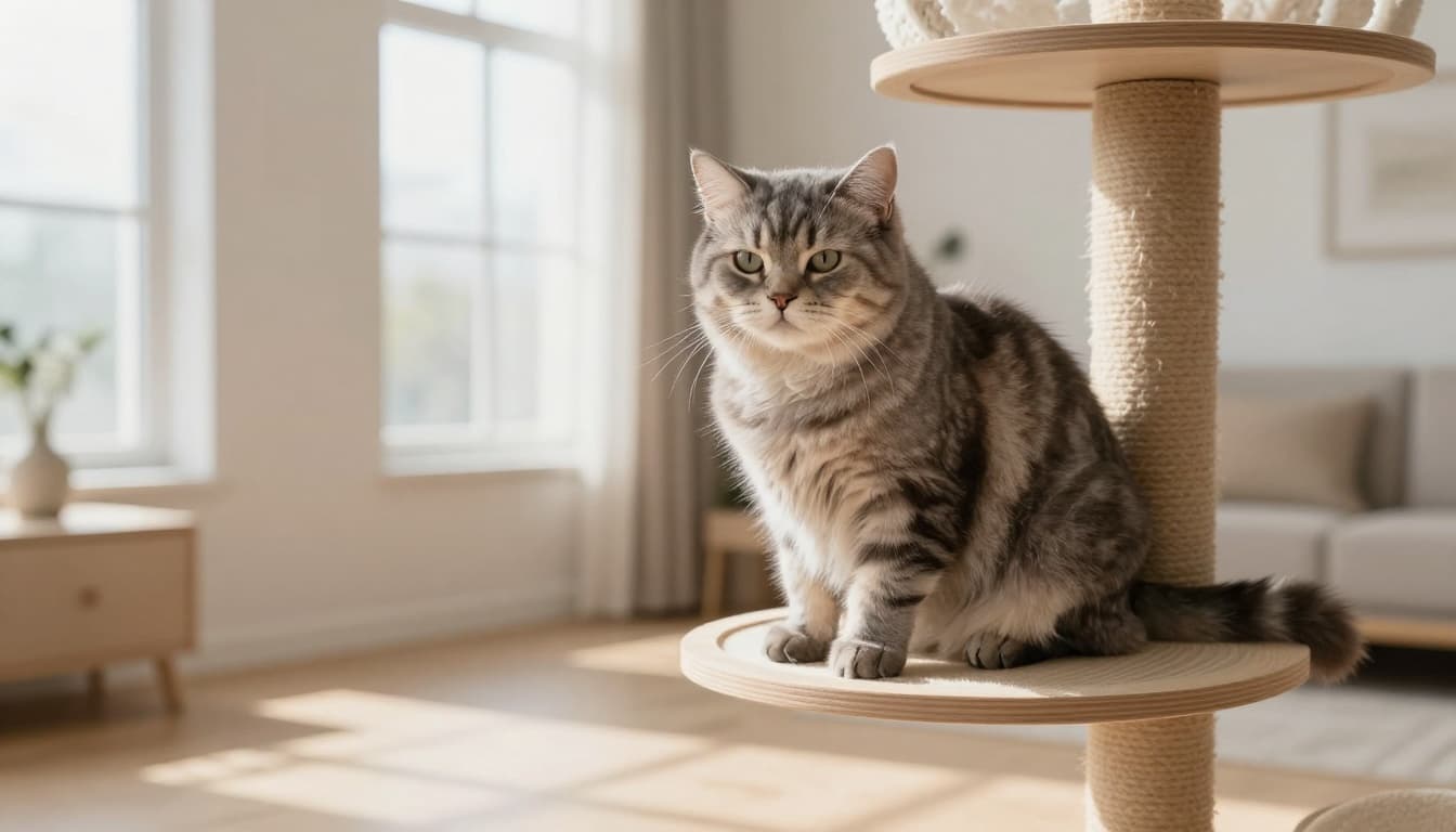 An elderly fluffy gray tabby cat with a wise expression sits comfortably on a premium solid wood cat tree in a bright Scandinavian minimalist living room with soft natural light.
