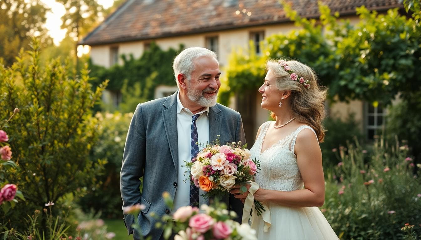 Couple âgé français dans un jardin bohème rustique, fleurs sauvages et dentelle, ambiance douce et romantique