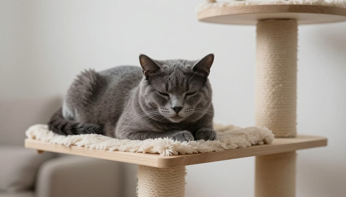 An elderly gray cat rests calmly on a soft perch of a premium light wood cat tree in a serene minimalist Scandinavian living room, surrounded by cozy beige blankets and neutral tones with bright natural light.