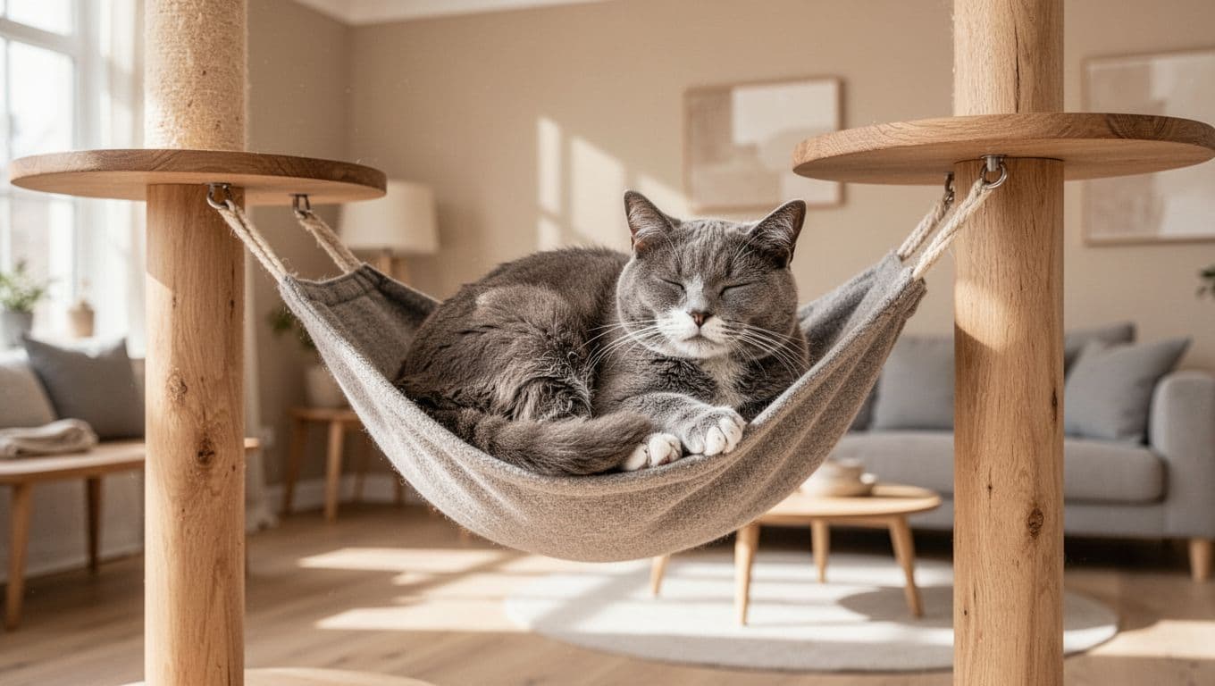 Premium lifestyle photo of an elderly grey shorthair cat peacefully curled up in a hammock on a wooden cat tree in a modern Scandinavian apartment with natural light and minimalist decor.
