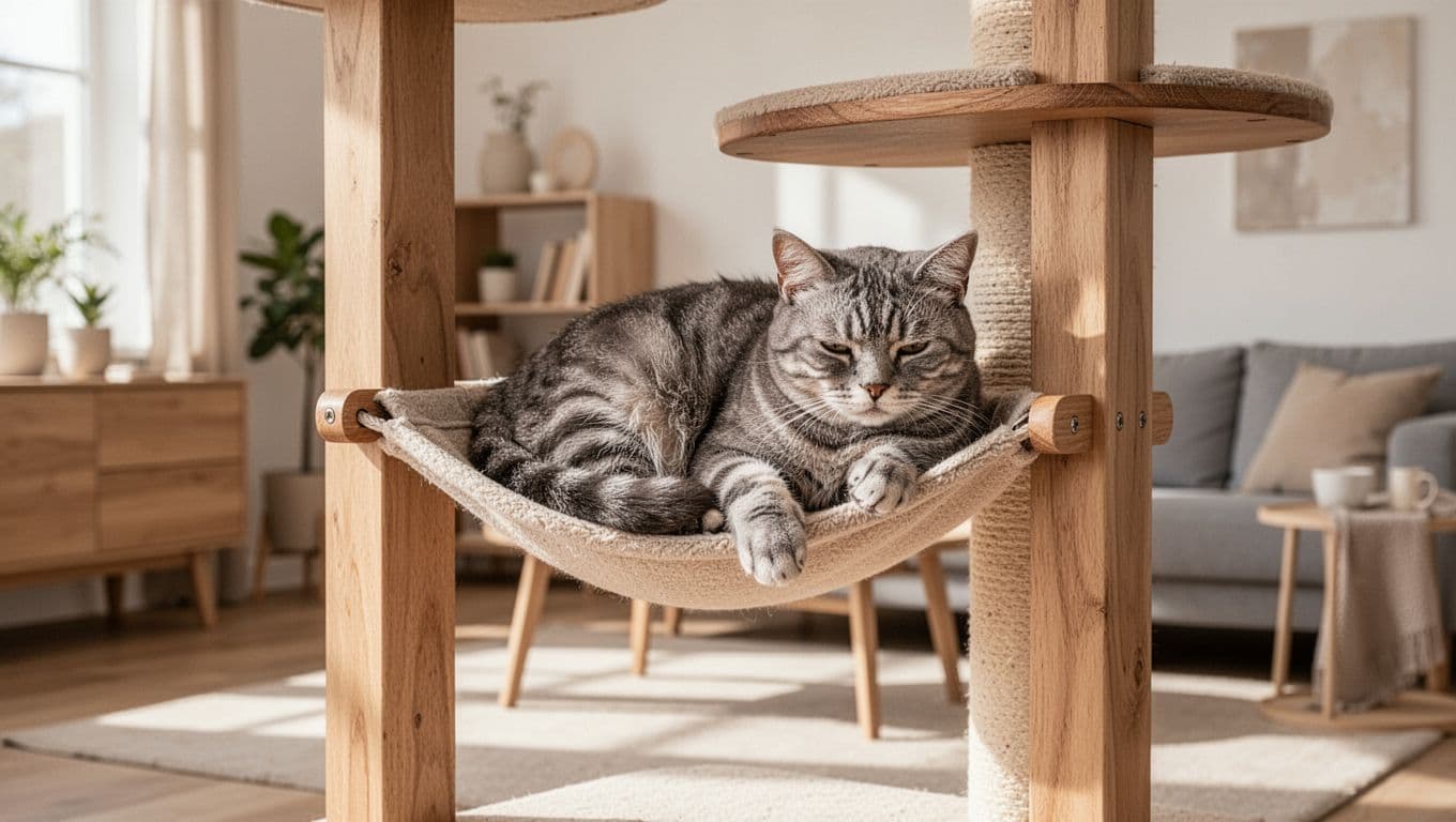 In a bright Scandinavian living room with minimalist decor and natural light, an elderly grey tabby cat with slightly dull fur rests lethargically on a sturdy premium wooden cat tree hammock, looking tired yet comfortable.