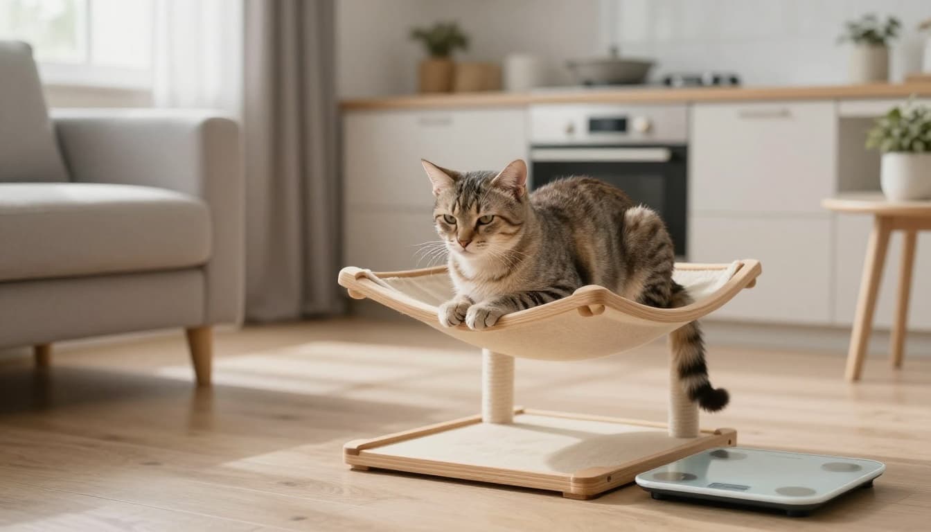 An older thin domestic cat sits weakly on a wooden cat tree hammock looking tired with dull fur, next to a kitchen scale showing low weight, in a cozy bright Scandinavian living room with natural light and minimalist decor.