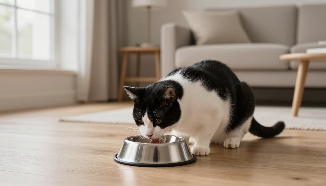 An elegant black and white cat eats from a deep narrow stainless steel food bowl on a wooden floor in a cozy Scandinavian living room, its whiskers touching the sides uncomfortably before pausing to scratch the floor.
