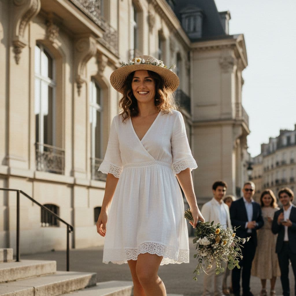 Mariée bohème à la mairie, robe courte fluide et chapeau de paille, ambiance lumineuse et joyeuse