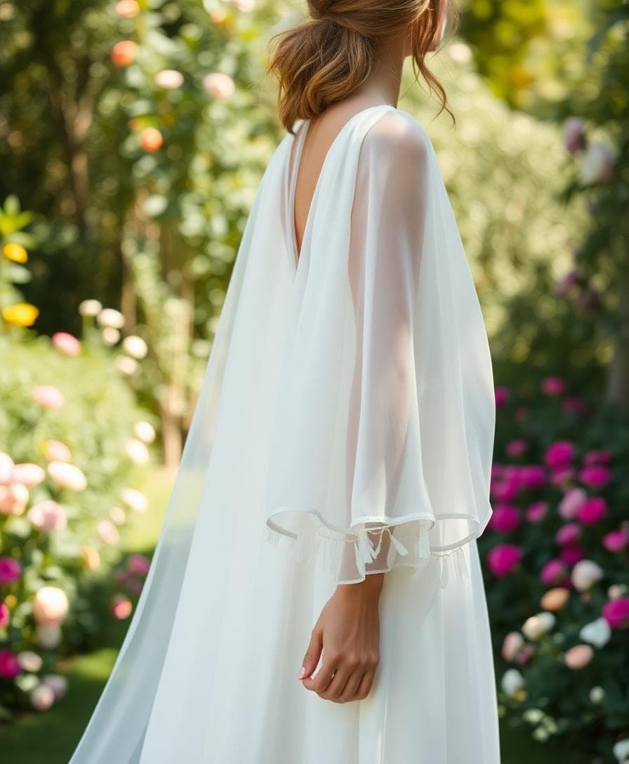 Mariée bohème portant une étole légère en mousseline sur les épaules dans un jardin fleuri, lumière douce, style mode, fond champêtre, détails de textures, image haute qualité